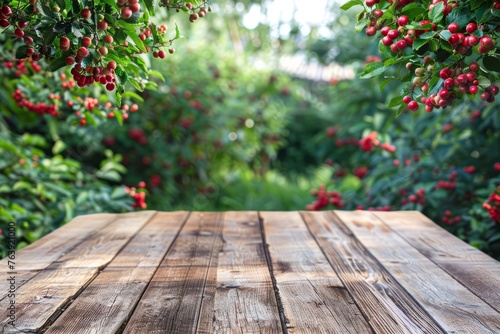 Wooden Table Surrounded by Red Berries
