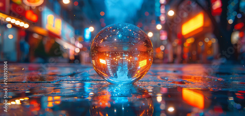A glass ball with a reflection of a blurred night city lights in it on a reflective surface with a blurry background. © Valeriy