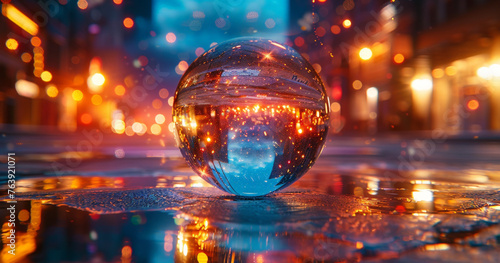 A glass ball with a reflection of a blurred night city lights in it on a reflective surface with a blurry background.