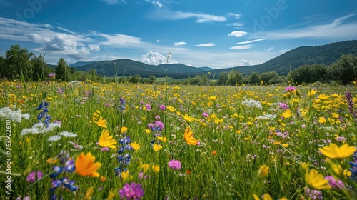 A tranquil meadow blanketed with wild flowers. AI photo