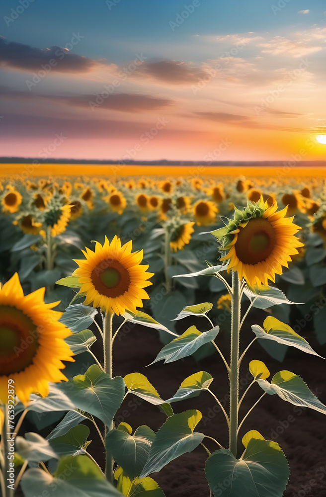 Fototapeta premium An impressive landscape with bright yellow sunflowers in the evening. Photo of the concept of ecology. The agricultural industry. Perfect wallpaper. An image of the cultivated land. The beauty of the 