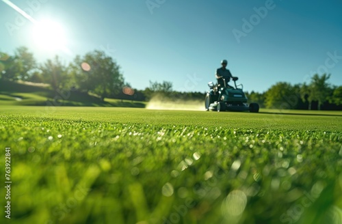 down view of a small tractor yielding greeny grass field in a green park with green trees and golf during sunshine in the morning photo