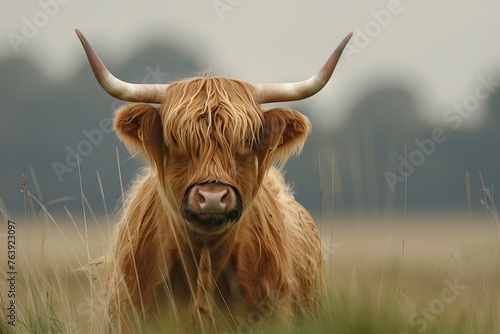 closeup image of an old brown cute highland cow with big horns and long hairs standing in a grassy field during sunshine in the morning