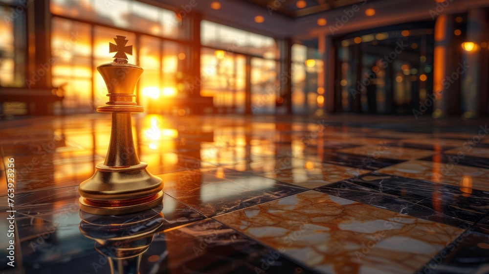 Golden king chess piece on board symbolizes business success and leadership strategy Golden king chess piece on board symbolizes business success and leadership strategy
