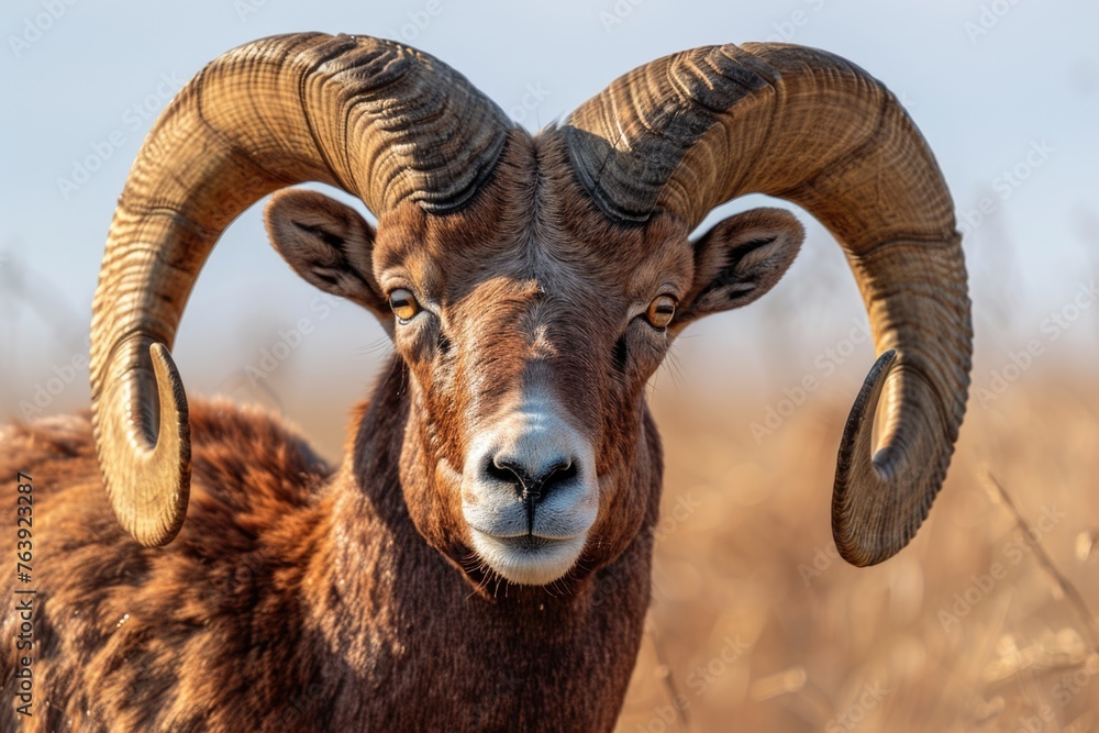 closeup photo of an impressive bighorn sheep ram with large curved horns in a close up shot of its head and shoulders in the front view standing in a grassy field during sunshine in the morning 