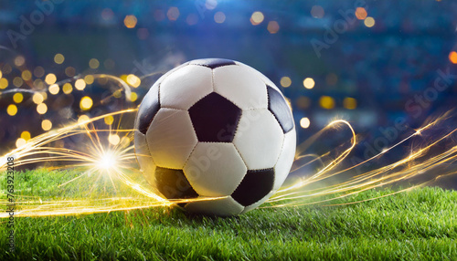 Europe EM 2024 Football Soccer ball on green grass with light motion tripling ,art design photo