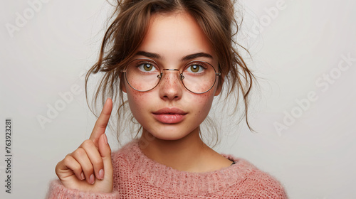 Joyful Discovery Girl Woman points her Finger at Something that Amuses and Interests her