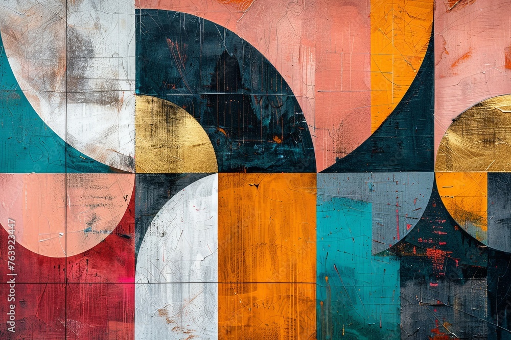A captivating abstract mural with a geometric composition in earthy and bold tones