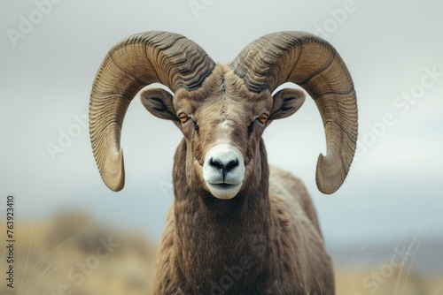 closeup photo of an impressive bighorn sheep ram with large curved horns in a close up shot of its head and shoulders in the front view standing in a grassy field during sunshine in the morning  © usman