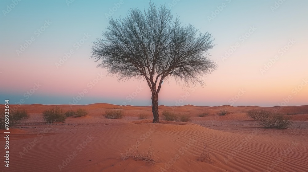 Tree on sand dune at sunset . AI Tree on sand dune at sunset . AI