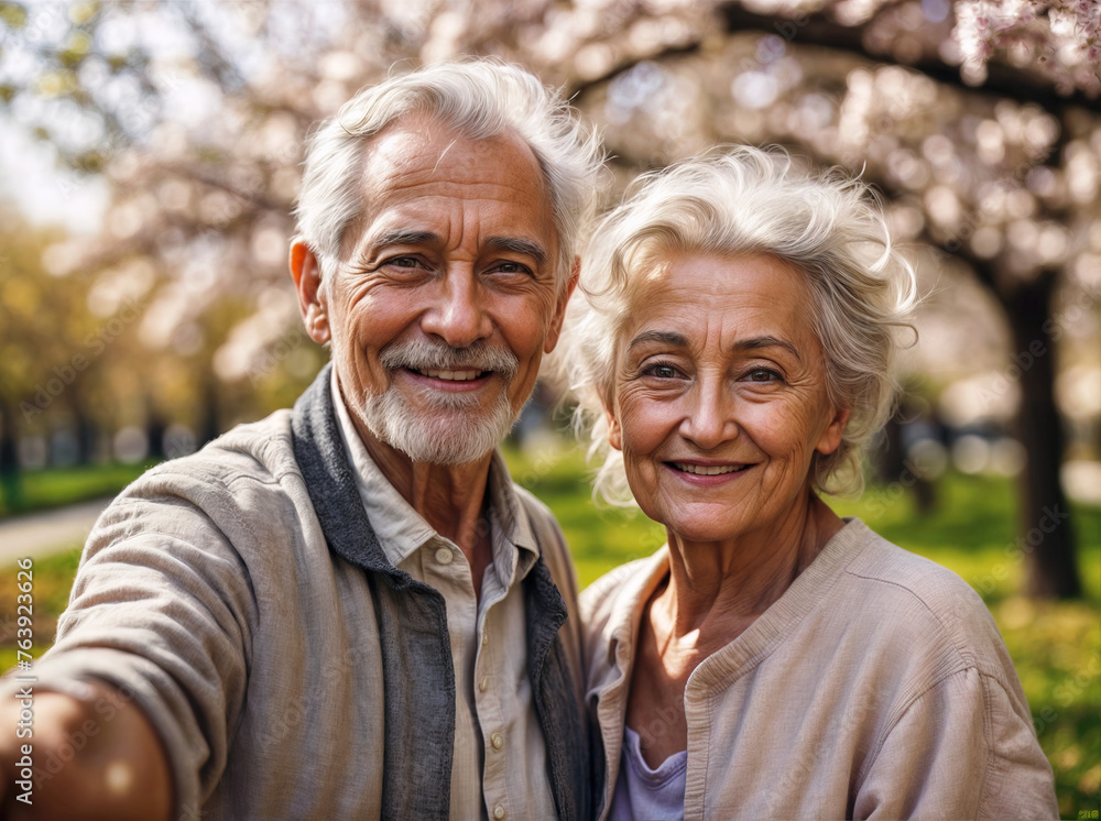 close-up portrait Happy elders coupe enjoying selfie beautiful spring day park trees blossom view, blur background close-up portrait Happy elders coupe enjoying selfie beautiful spring day park trees blossom view, blur background
