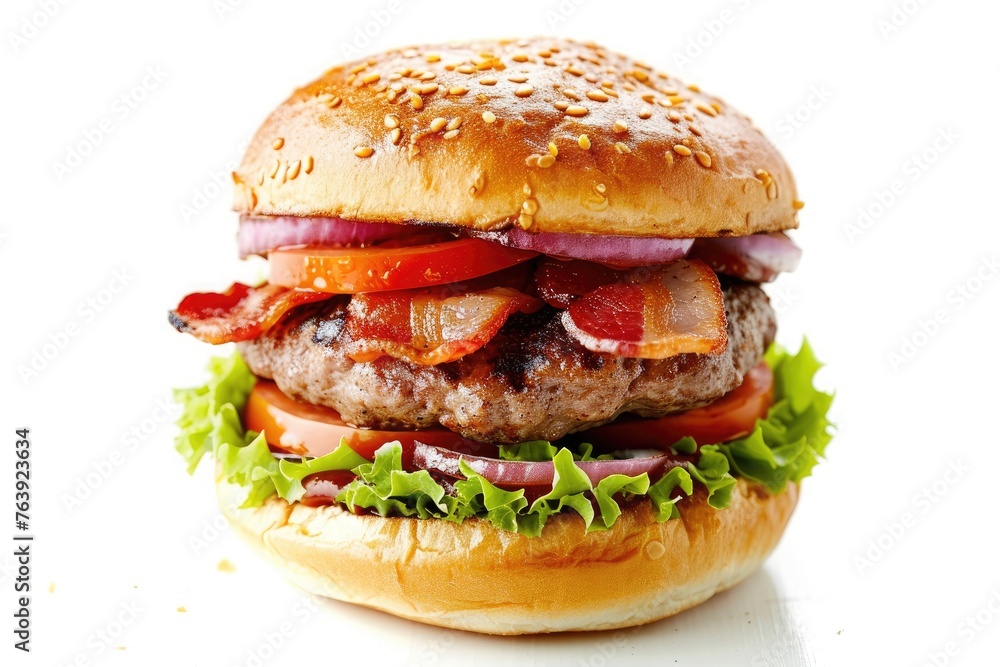 hamburger isolated on white with bacon, lettuce, beef patty, and red tomato slices hamburger isolated on white with bacon, lettuce, beef patty, and red tomato slices