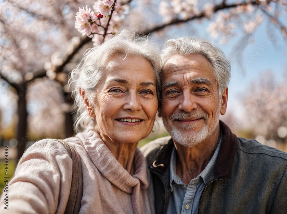 close-up portrait Happy elders coupe enjoying selfie beautiful spring day park trees blossom view, blur background close-up portrait Happy elders coupe enjoying selfie beautiful spring day park trees blossom view, blur background