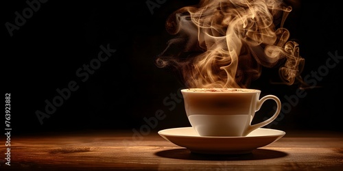 Aromatic Steam Rising from a Steaming Hot Cup of Coffee on a Wooden Table,Inviting Sensory Delight and Relaxation