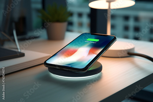 Charging smartphone on wireless charger at home photo