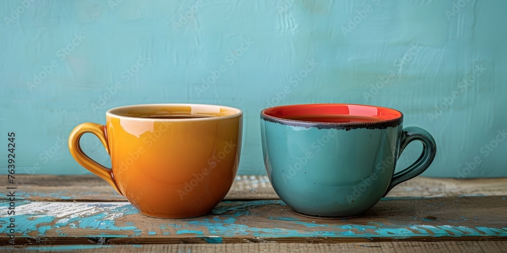 Fototapeta premium Harmonious Brews:Coffee and Tea Cups in Rustic Tranquility