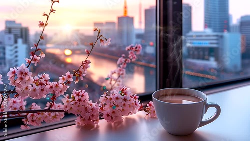 cup of coffee at the window with a spring cherry blossom cityscape of Osaka. Seamless looping 4k time-lapse video animation background photo