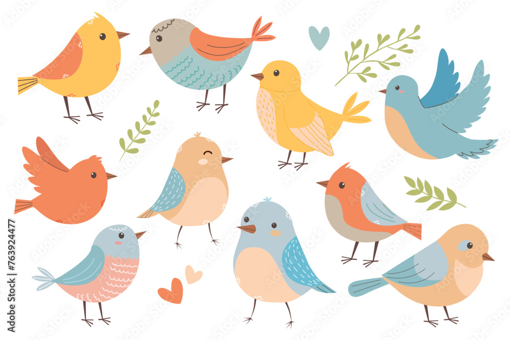 vibrant, cheerful set of spring birds in various poses, leaves. Cartoon illustration in childish style, birds in different poses. Modern trendy character. Images isolated on white. Vector illustration vibrant, cheerful set of spring birds in various poses, leaves. Cartoon illustration in childish style, birds in different poses. Modern trendy character. Images isolated on white. Vector illustration