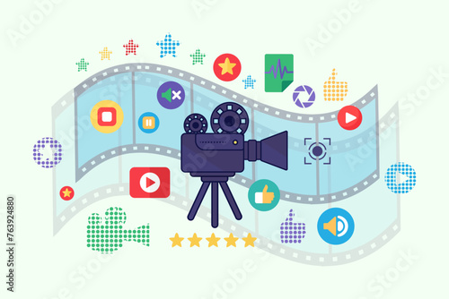 Old movie camera with reels on tripod. Premiere of new film in cinema concept. Horizontal banner, advertising television and multimedia studio. Cartoon outline vector isolated on beige background