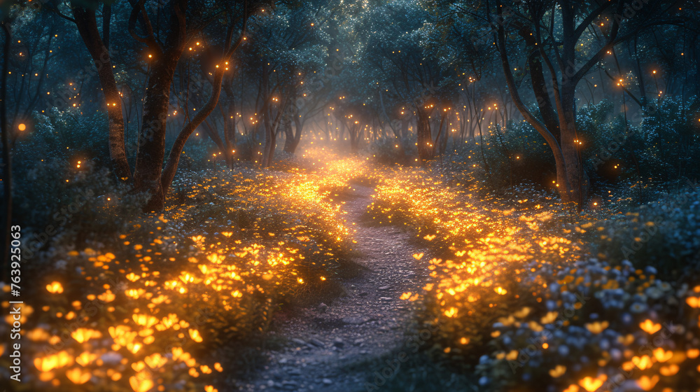 Enchanted Forest Pathway Illuminated by Glowing Flowers and Magical Lights