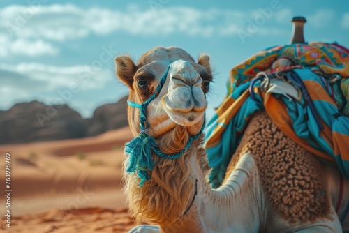 dromedary white and brown camels walking on brown sand in a desert with brown mountains in the background with clear beautiful blue sky covered with white clouds