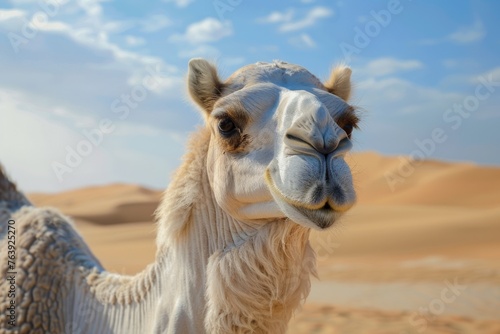 dromedary white and brown camels walking on brown sand in a desert with brown mountains in the background with clear beautiful blue sky covered with white clouds