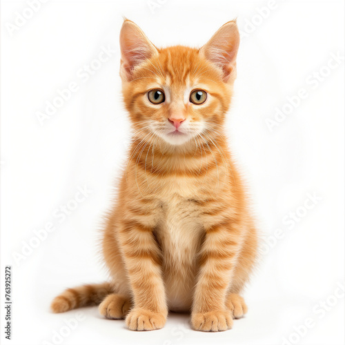 Little ginger kitten isolated on white background sitting on the floor. Domestic cat, isolate, kitten on white background for advertising pet products, food, toys, medicines.
