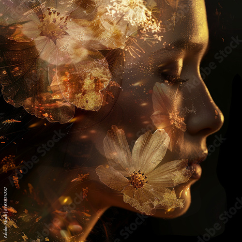 Flowers and trees in the shadows on a woman's face 