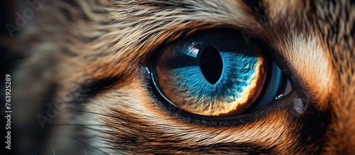 Closeup of a blueeyed cat showcasing its facial expression, whiskers, and feline features like the iris and snout. A stunning glimpse into the wildlife of this terrestrial carnivore photo