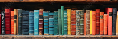 A bookshelf filled with colorful books, books in library self 