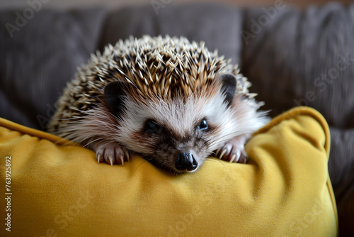 hedgehog sleeping on a pillow on an armchair in the room