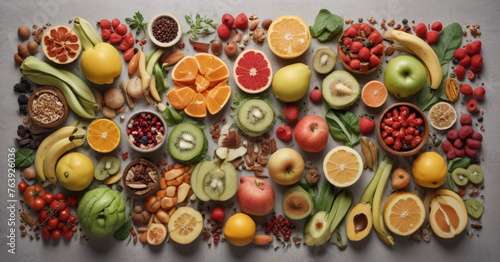 Fruits. Apples, grapes, banana, orange, kiwi, carrot, broccoli, pear. collage of fruits