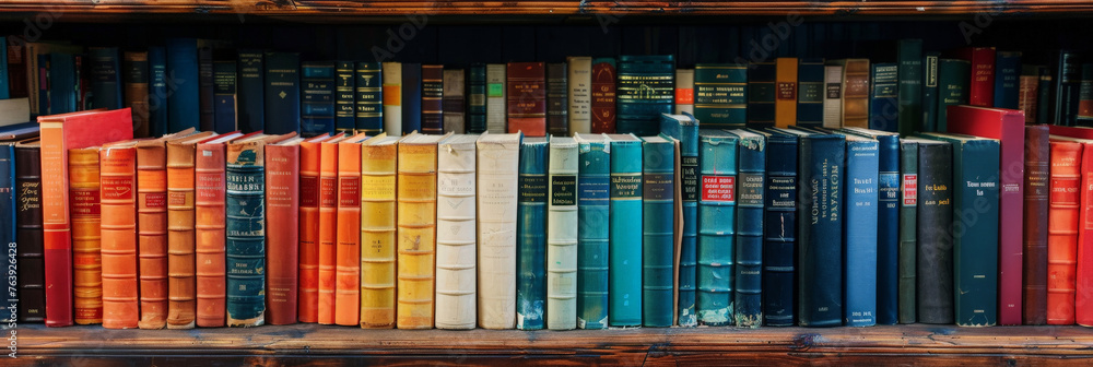 Fototapeta premium A bookshelf filled with colorful books, books in library self