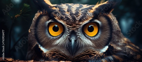 Closeup of an Eastern Screech owl with striking yellow eyes perched on a tree branch. This terrestrial bird of prey has a sharp beak and distinct eyelashes