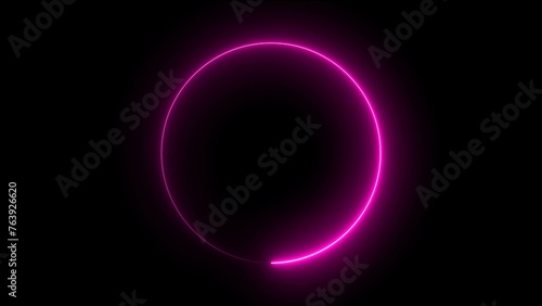 Glowing flow circle background. LED screens projection technology. Seamless looping circle photo frame with neon graphic on black background.