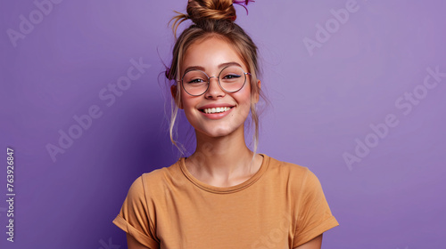 Joyful Discovery Girl Woman points her Finger at Something that Amuses and Interests her