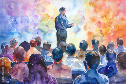 A painting showing a man addressing a crowd of people gathered around him, attentively listening to his words