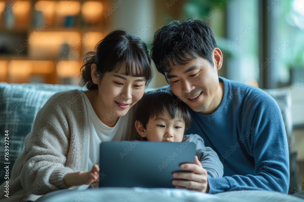 Happy Asian family enjoying quality time together while using a tablet on a cozy bed at home, with their child in the background Happy Asian family enjoying quality time together while using a tablet on a cozy bed at home, with their child in the background