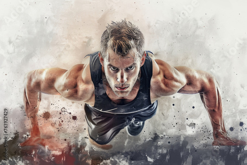 A man is executing a push-up in mid-air, demonstrating strength and balance