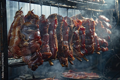 Closeup of meat burning on the steel rack in a smoke house of barbeque during sunshine in the morning in an oven