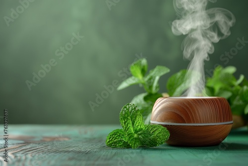 An essential aroma oil diffuser on the table, nearby mint leaves, green background, copy space for text. Still life. Concept aromatherapy and relaxing. Air freshener