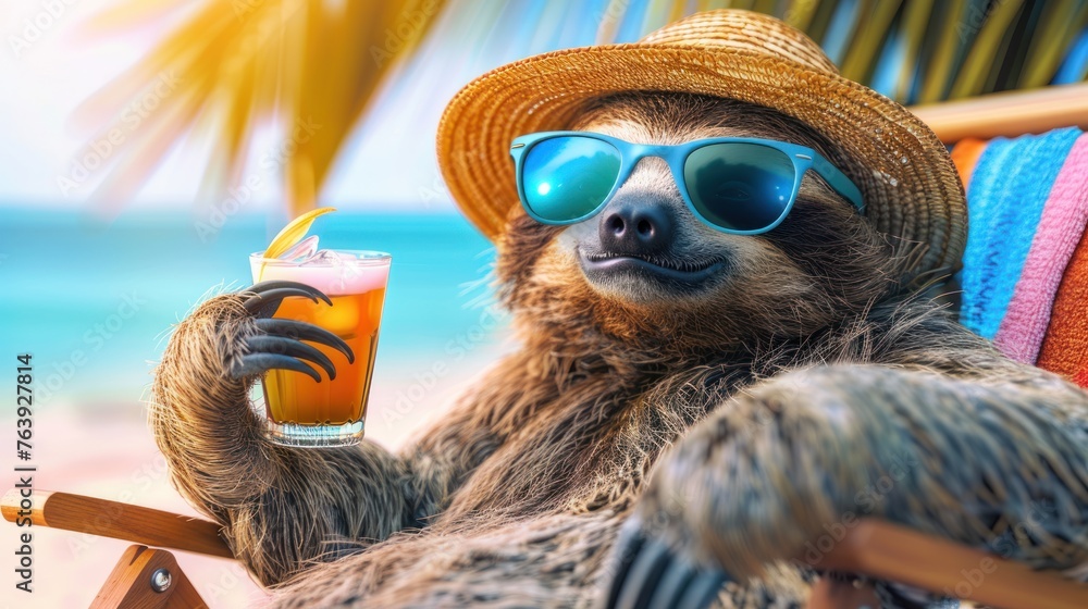 Obraz premium Happy and smiling sloth wearing summer hat and stylish sunglasses, holding cocktail glass, sits on beach chair under the palms. Summer holiday and vacation concept.