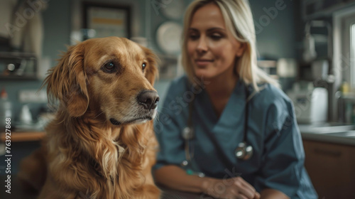 blonde female veterinarian doctor in a blue medical gown with a dog patient golden retriever in the clinic, banner