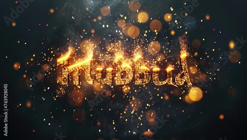 Eid Mubarak golden arabic words in araby written in glowing golden light with sparkles and glitter lighted up on a dark background photo