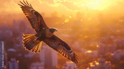 Bird flying to its nest. Sunset nature and city background. Bird of prey.