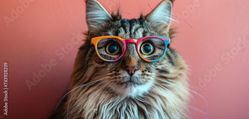 An adorable close-up of a fluffy cat with colorful frame glasses, its curious eyes peeking out against a delicate pink background