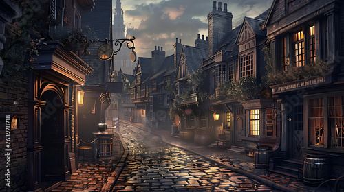 Theatre backdrop featuring a street scene in Victorian-era London. Generative Ai photo