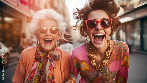 An elderly woman and a younger woman share a moment of laughter on a city street, showcasing intergenerational happiness. Funny senior mother and daughter laughing while walking down the street. Loop photo