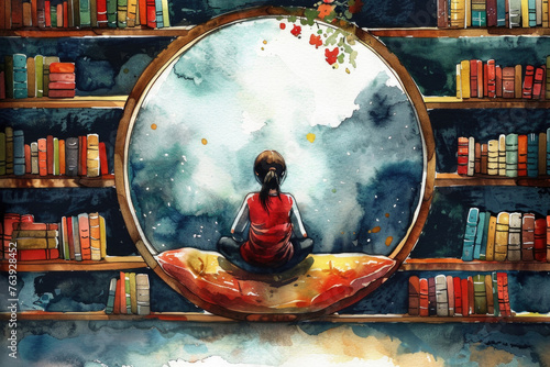 A person sits cross-legged, absorbed in a book within a cozy, circular nook surrounded by shelves brimming with books