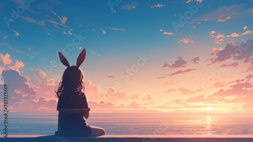 Silhouette of a rabbit in a swimsuit at sunset, serene beach, panoramic view, tranquil mood.